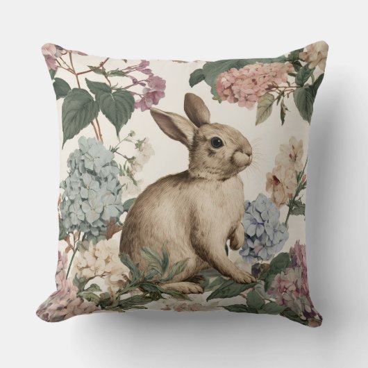 Decorative Rabbit Hydrangea Flowers Throw Pillow クッション (正面)