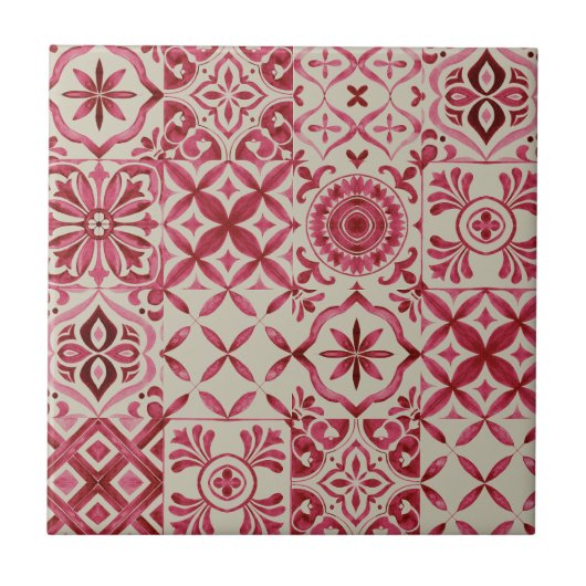 Decorative Red Azulejo Tile Patchwork Pattern タイル (正面)