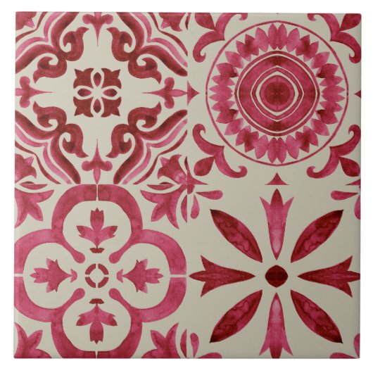 Decorative Red Azulejo Tile Patchwork Pattern タイル (正面)