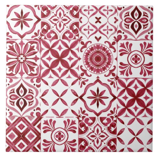 Decorative Red Azulejo Tile Patchwork Pattern タイル (正面)