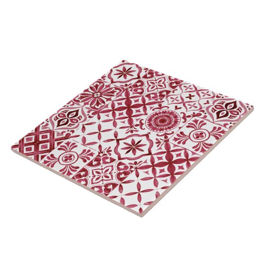 Decorative Red Azulejo Tile Patchwork Pattern タイル (側面)