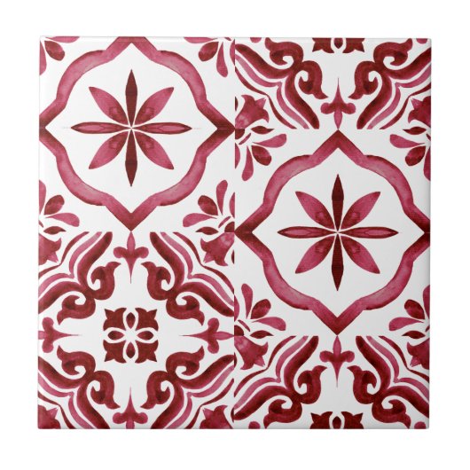 Decorative Red Azulejo Tile Patchwork Pattern タイル (正面)