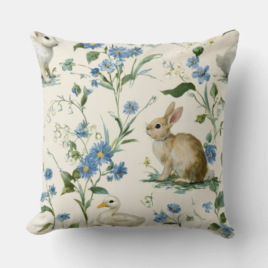Decorative Spring Rabbit Duck Flowers Throw Pillow クッション (正面)