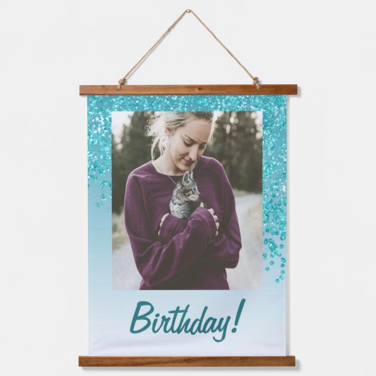 Decorative Teal Glitter 2 Photos 100th Birthday 吊り下げ型タペストリー (正面3)