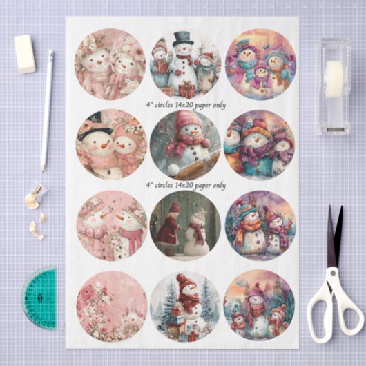 Decoupage 12 Whimsical Snowman 4" Coaster Set  薄葉紙 (クラフト)