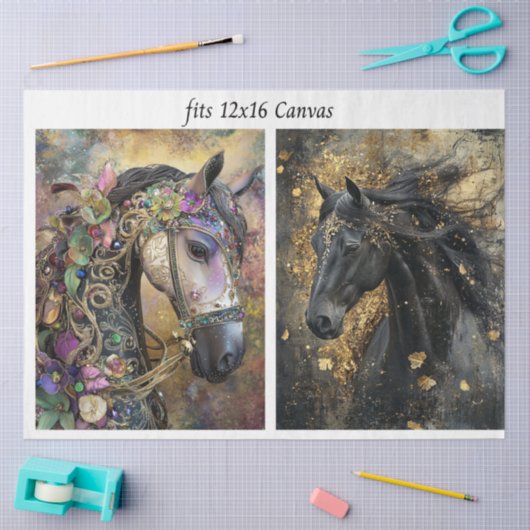 Decoupage 12x16 Canvas Ornate Adorned Horses  薄葉紙 (クラフト)