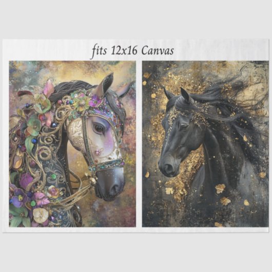 Decoupage 12x16 Canvas Ornate Adorned Horses  薄葉紙 (正面)