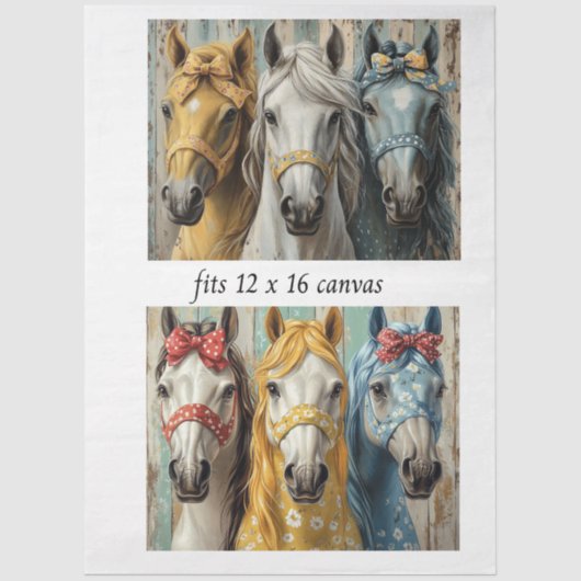 Decoupage 12x16 Whimsical 3 Panel Horses  薄葉紙 (正面)