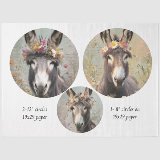 Decoupage 2-12" Circle & 8" Whimsical Donkey Trio 薄葉紙 (正面)