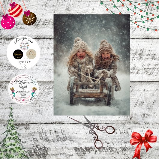 Decoupage 2 Children Laughing & Sledding Snow Fall 薄葉紙