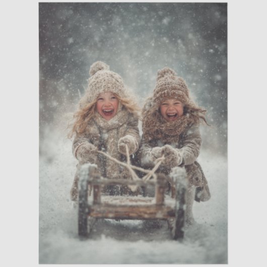 Decoupage 2 Children Laughing & Sledding Snow Fall 薄葉紙 (正面)