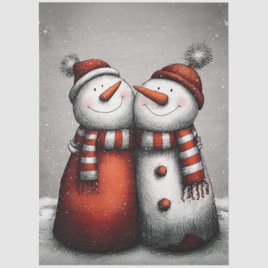 Decoupage 2 Snowmen Red Stripped Scarves Winter 薄葉紙 (正面)