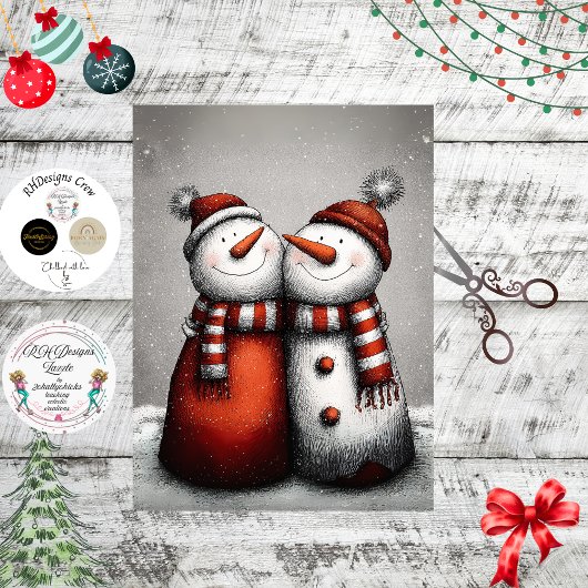 Decoupage 2 Snowmen Red Stripped Scarves Winter 薄葉紙