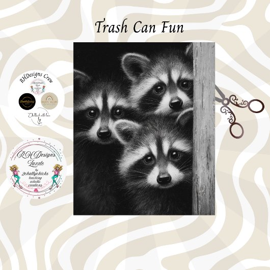 Decoupage 3 Raccoons Peeking Out Barn Door 薄葉紙