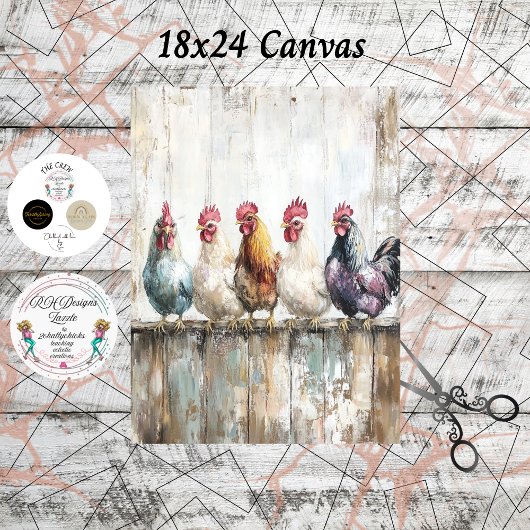 Decoupage 5 Chickens on a Fence 18x24 Canvas 薄葉紙