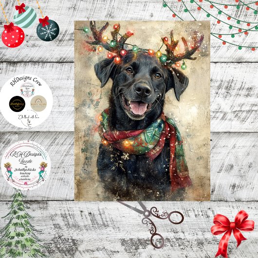 Decoupage Black Lab Christmas Lights Antlers 薄葉紙
