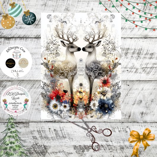 Decoupage Bold Deer Floral Christmas Art Print  薄葉紙