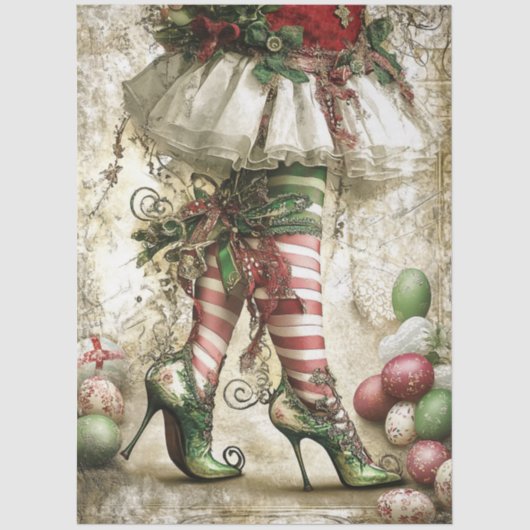 Decoupage Christmas Elf Legs White Stocking 薄葉紙 (正面)