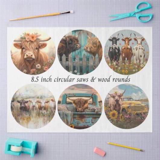 Decoupage Circular Saw Highland Cows 8.5" Rounds 薄葉紙 (クラフト)