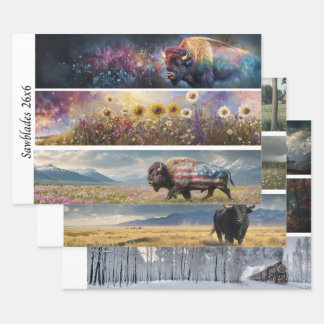 Decoupage Cosmic Bison Wildflower Handsaw Designs ラッピングペーパーシート