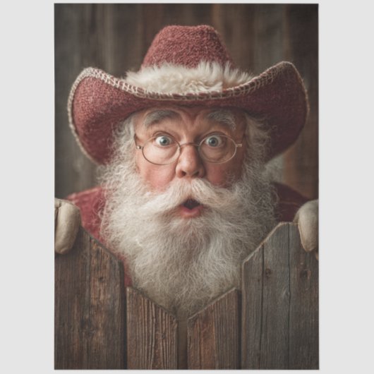 Decoupage Cowboy Santa Peeking Rustic Fence  薄葉紙 (正面)