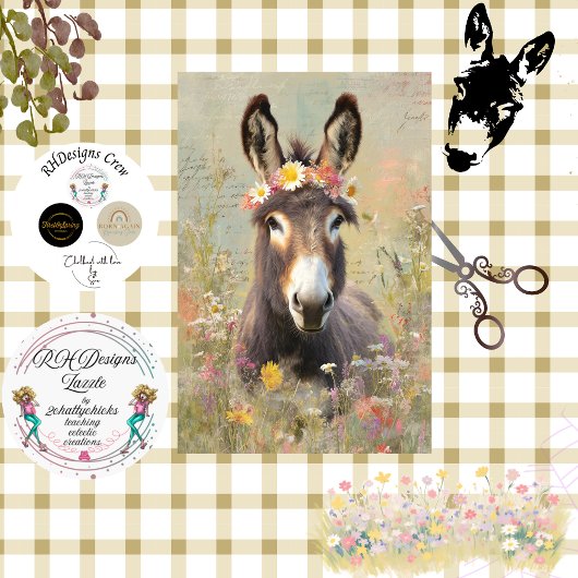 Decoupage Crowned With Grace Donkey Floral Field 薄葉紙