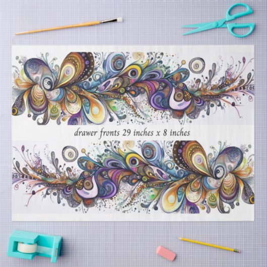 Decoupage Drawer Front 29x8 Teardrop Motif Vibrant 薄葉紙 (クラフト)