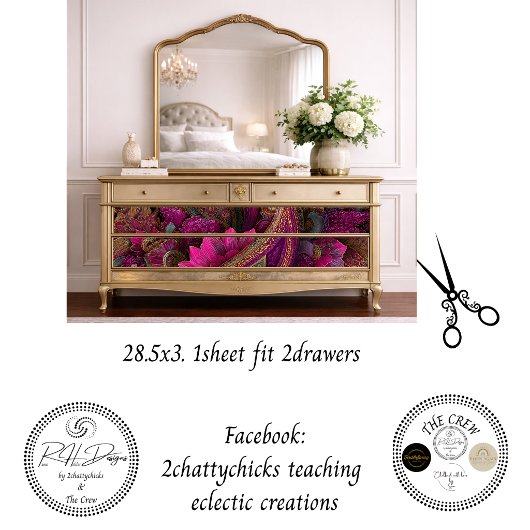 Decoupage Drawer Front Panel Paisley Fuchsia Gold ラッピングペーパーシート