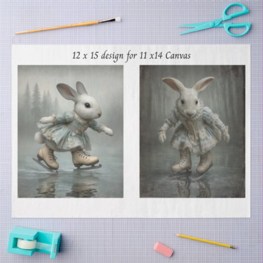 Decoupage Easter Skating Rabbit Duo 11x14 Canvas  薄葉紙 (クラフト)