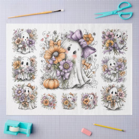Decoupage Fall Floral Ghosts - Multiple sizes 薄葉紙 (クラフト)