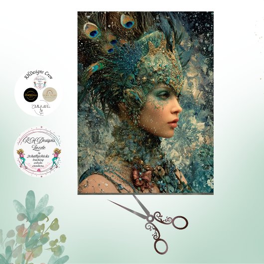 Decoupage Fantasy Peacock Woman Teals Feathers 薄葉紙