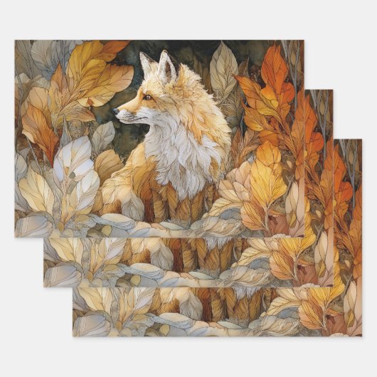 Decoupage Fox with Autumn Leaves Art Nouveau ラッピングペーパーシート (セット)