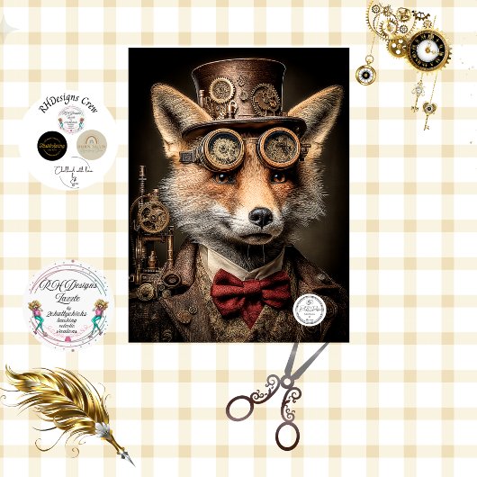 Decoupage French Canadian Steampunk Fox KOBI  薄葉紙
