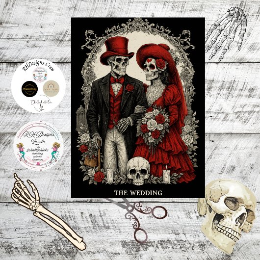 Decoupage Gothic Skeleton Wedding In Red Black  薄葉紙