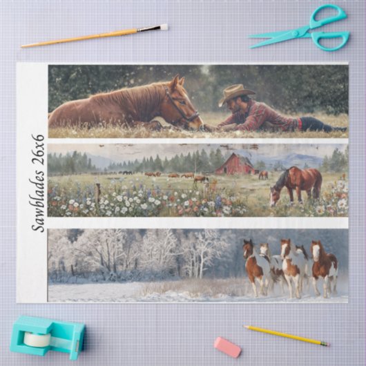 Decoupage Handsaw Design Cowboy, Red Barn, Horses 薄葉紙 (クラフト)