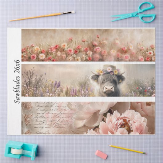 Decoupage Handsaw Design Rose, Peony, Cow 薄葉紙 (クラフト)