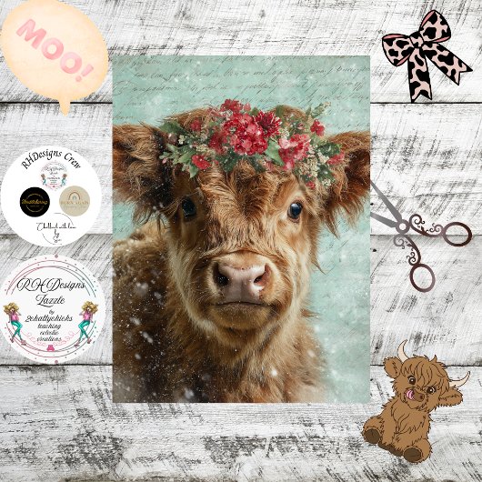 Decoupage Highland Calf Christmas Scene Snowing  薄葉紙