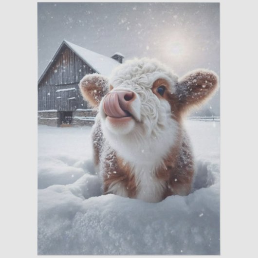 Decoupage Highland Calf Rustic Barn Snow Scene 薄葉紙 (正面)