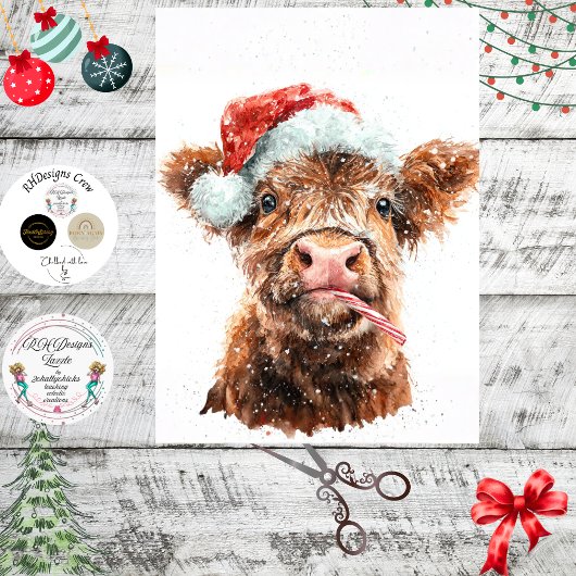 Decoupage Highland Calf Santa Hat Candy Cane 薄葉紙