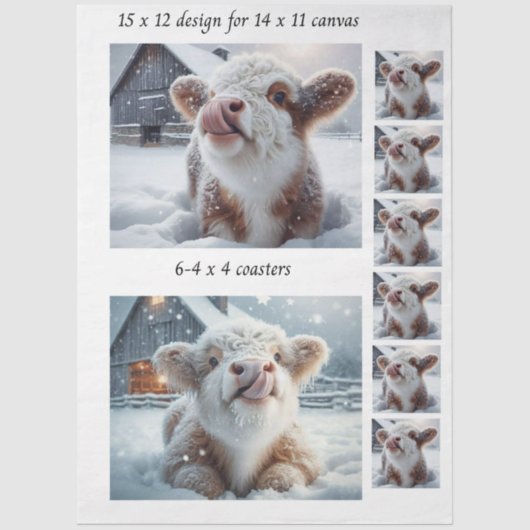 Decoupage Highland Calf Snow 11x14 Canvas Coasters 薄葉紙 (正面)