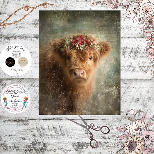 Decoupage Highland Calf Winter Floral Art  薄葉紙