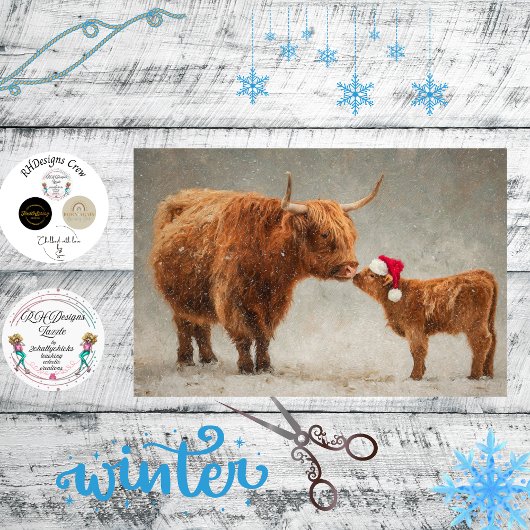 Decoupage Highland Cow Calf Kissing in the Snow 薄葉紙