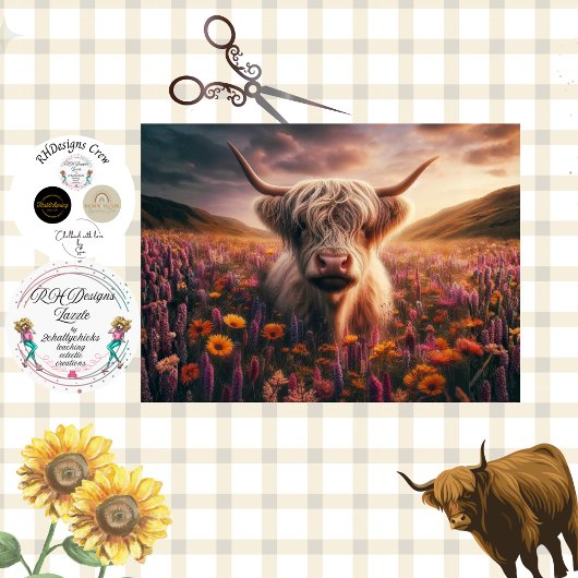 Decoupage Highland Cow Sunset Flowers  薄葉紙