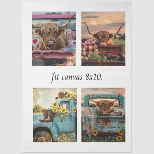 Decoupage Highland Cow Truck 8 x 10 Canvas 薄葉紙 (正面)