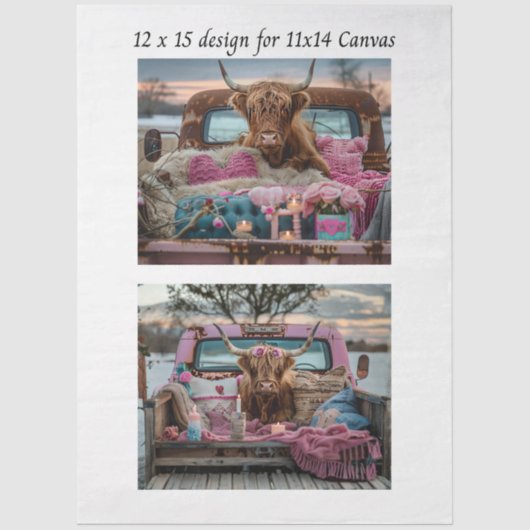 Decoupage Highland Cow Valentine Truck 11x14 Canva 薄葉紙 (正面)