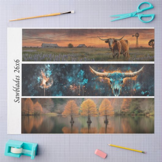 Decoupage Longhorns Bluebonnets Trees Handsaws 薄葉紙 (クラフト)