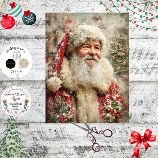 Decoupage Painterly Santa Claus Snowy Tree Artwork 薄葉紙