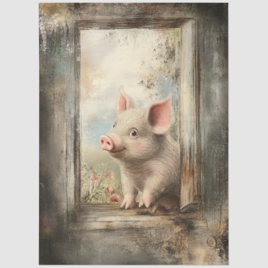 Decoupage Piglet in Rustic Window Story Book  薄葉紙 (正面)