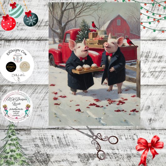 Decoupage Piglets Celebrating Christmas on Farm  薄葉紙