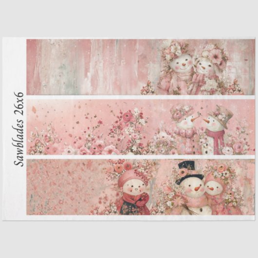 Decoupage Pink Floral Snowman Handsaw Panels  薄葉紙 (正面)